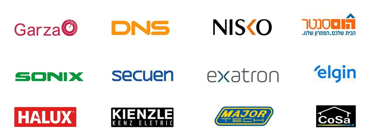 Logo showcase of brand partners including Exatron, NISKO, HOMECENTER, HALUX, MajorTech, and COSA