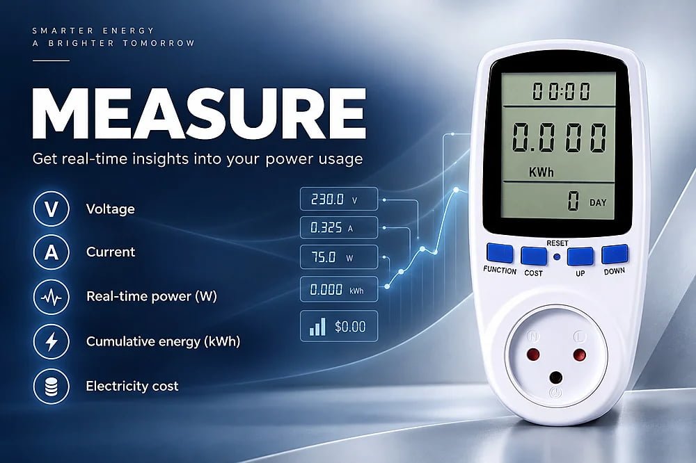 Energy meter display showing voltage, current, and power readings