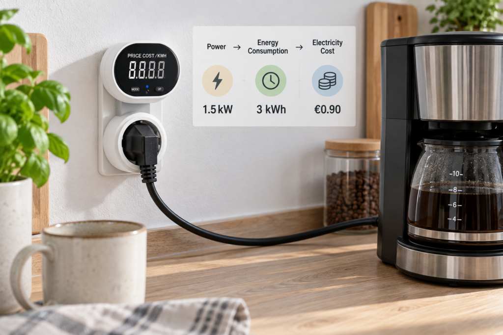 Plug-In Power Meter for Coffee Maker — Electricity Cost Monitoring