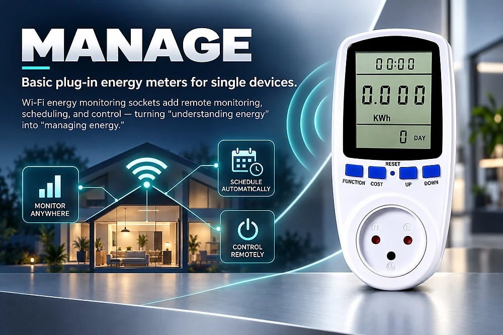 Wi-Fi energy monitoring socket controlled remotely via mobile app