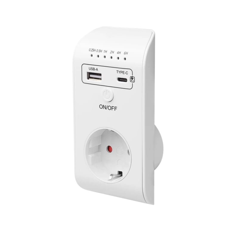 Multi‑Country Timer Plug with Dual Charging Ports (2.4A + Type‑C) and Simple Control
