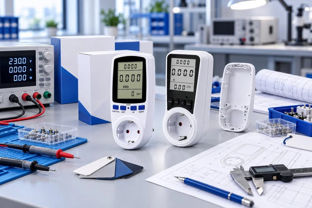 TIMEBEST energy meter samples, packaging prototypes, testing equipment, and product development drawings on an OEM ODM workbench