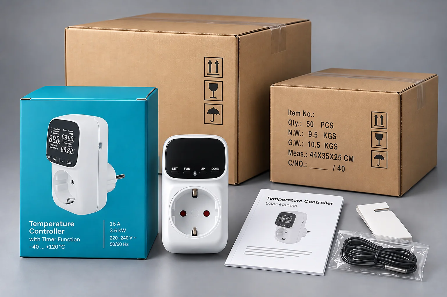 Temperature controller product, custom retail packaging, export cartons, manual and sensor