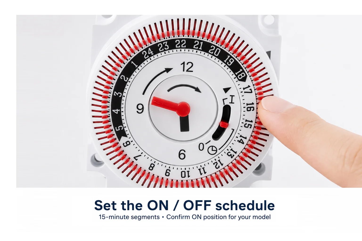 Close-up of rotating the timer dial clockwise to set the current time