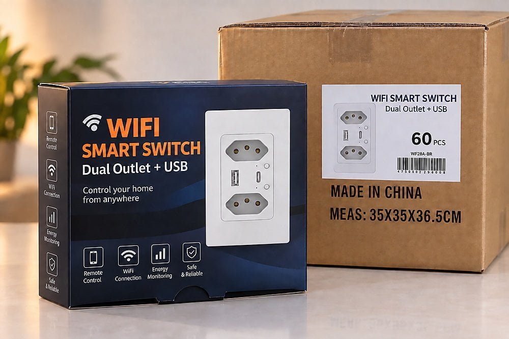 TIMEBEST WF28A smart wall outlet retail packaging and export carton example